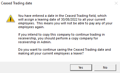 Ceased trading warning message 